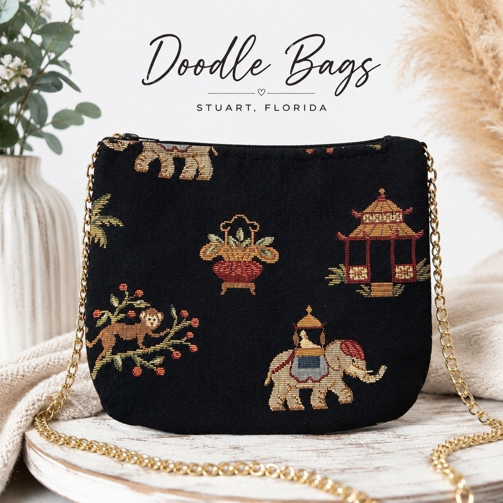 Doodle Bags Tapestry Crossbody Bag Asian Elephant Monkey Pagoda Black